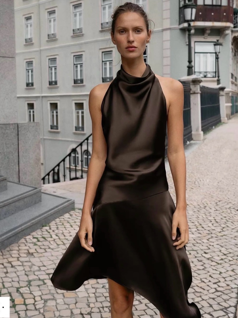 Zara Dark Brown Satin Asymmetrical Halter Dress